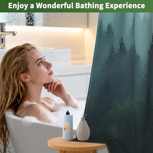 No Hook Shower Curtain with Snap in Liner and Sheer Top Window, Misty Forest Easy Hang Double-layer Waterproof Fabric Shower Curtain, 71x74 Inch Summer Bathroom Shower Curtains Set with Weighted Hem - color: Misty Forest