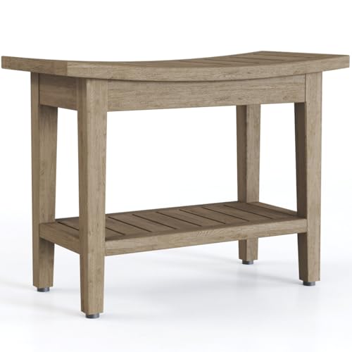 24" Maluku Mist-Shield Teak Shower Bench with Shelf | Durable, Water-Resistant Teak, Shower Chair & Shaving Foot Rest, Indoor/Outdoor Use