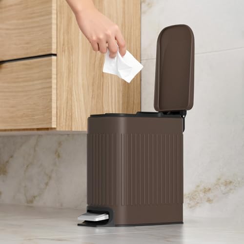 TrashAid Slim Bathroom Trash Can with Lid Soft Close & Pedal, 1.6Gal, Brown | Removable Inner Bucket, Stainless Steel Garbage Can, Small Wastebasket for Toilet/Office/Bedroom, Retro Design, Odor Control - color: Brown