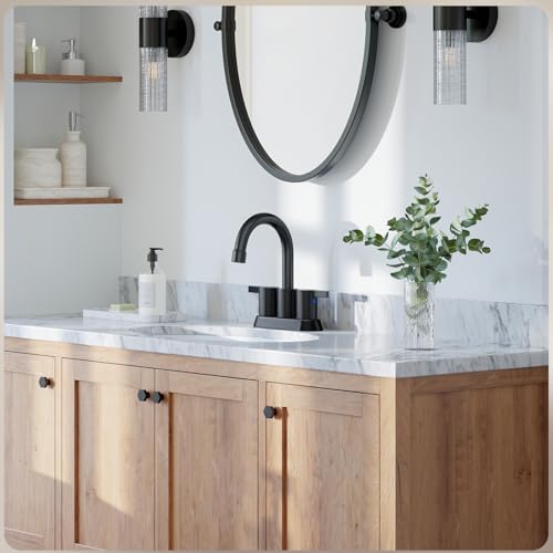 Phiestina 4 Inch 2 Handle Centerset Matte Black Lead-Free Modern Bathroom Faucet, 360 Swivel Spout 2-3 Hole RV Bathroom Vanity Sink Faucet with Pop Up Drain and Water Supply Lines,BF015-1-MB - color: Matte Black