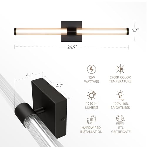 Tubicen LED Vanity Light Linear Vertical Wall Sconce Dimmable 25in | 360° Full Lighting, 12W Vanity Light Bar Modern Slim Wall Light Fixture for Living Room Bathroom Bedroom, Warm White, Black - color: Black