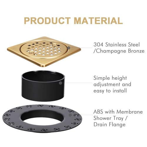 Champagne Bronze 4 inch Square Floor Drain Grate Kit with Adjustable Collar | Compatible with Schluter Kerdi Drain Flange, SUS304 Stainless Steel Removable Square Floor Drain with ABS Flange - color: Champagne Bronze