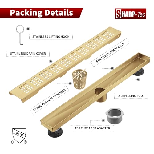 Sharp-tec Shower Drain, 24 inch Linear Shower Drain, Brushed 304 Stainless Steel Rectangular Shower Floor Drain with Adjustable Leveling Feet, Hair Strainer, cUPC Certified, ST-092-24G - color: Gold, size: 24 inch