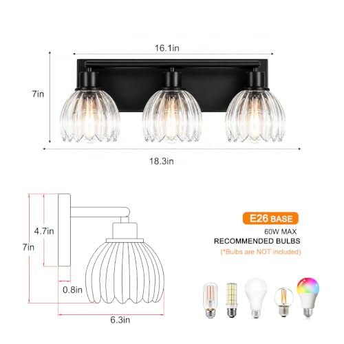 Black Bathroom Vanity Light Over Mirror, 3 Light Vanity Light Fixture with Clear Fluted Glass Shades, 18.3 Inch Wall Mount Bathroom Lighting Fixture, E26 Base