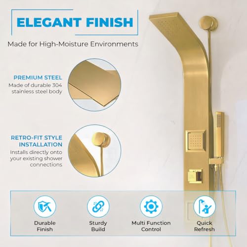 ANZZI Aura Series 39" Shower Panel Tower System | Full Body 2-Jetted Shower Tower, Head Panel with Heavy Rain Overhead, Euro-Grip Wall Mount Handheld Wand, DIY Friendly – Brushed Gold