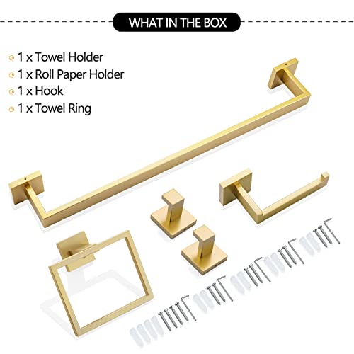 Brushed Gold Towel Bar Set Bathroom Hardware Set, 5 Pieces Gold Bathroom Accessories Set Stainless Steel Wall Mounted Towel Holder for Bathroom 23.6in - color: Brushed Gold