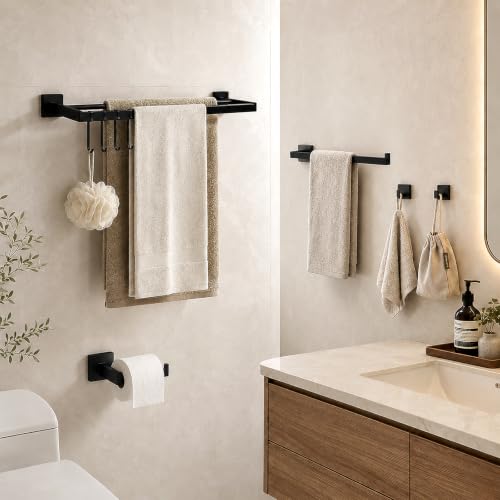 9 Piece Matte Black Bathroom Hardware Set, 24 Inch Double Towel Bar with Removable Hooks, SUS304 Stainless Steel Wall Mounted Heavy Duty Rustproof Accessories for Bathroom Kitchen - color: B-24 Matte Black