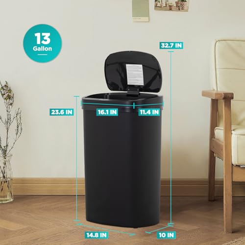 PayLessHere | 13 Gallon Plastic Trash Can | Black | Pack of 1 | Automatic Touchless Lid with Motion Sensor | Kitchen Garbage Can with Waterproof Design | for Home, Office, Bathroom - color: Black