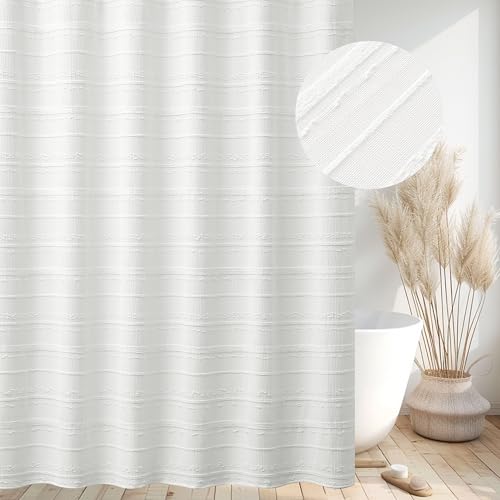 Farmhouse White Shower Curtain Boho, 72 x 72 Cotton Blend Tufted Weave Waffle Stripe Textured Heavy Duty, Fabric Shower Curtain for Bathroom, Hotel - color: White B, size: 72"W x 72"L (Pack of 1)