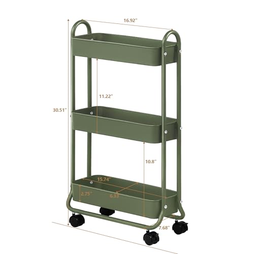 SunnyPoint Slim Rolling Storage Cart, 3 Tier Bathroom Storage Organizer Bathroom, Laundry Utility Cart (Army) - color: Army