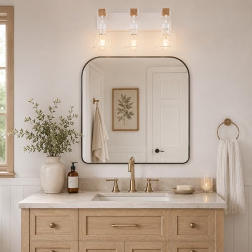 Farmhouse Vanity Light Fixture,3-Light Bathroom Lighting,White Modern Wood Wall Light Over Mirror with Metal Shade,Bulbs NOT Included - color: White, size: 3-Light-Wide 18"