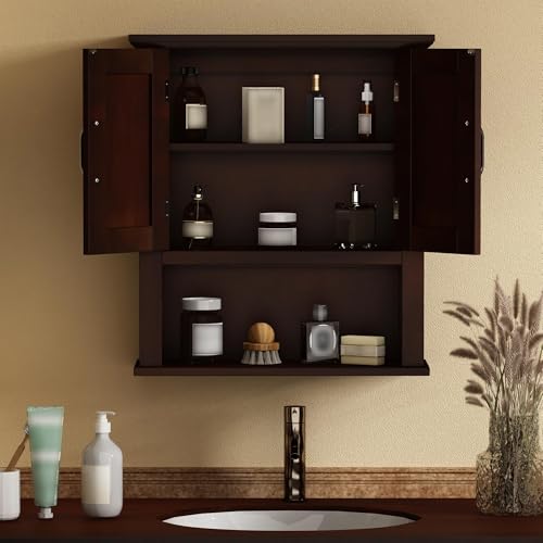 ChooChoo Wood Bathroom Wall Cabinet with Door, Dark Cherry Medicine Cabinet | Rustic Over The Toilet Storage Cabinet, Adjustable Shelf, Open & Concealed Storage, 7.5 x 21.6 x 24 Inches - color: Dark Cherry
