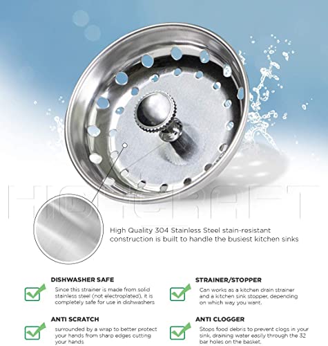 Highcraft FAUC97333-2 Kitchen Sink Basket Strainer Replacement for Standard Drains (3-1/2 Inch) Chrome Plated Stainless Steel Body With Rubber Stopper, Pack Of 2 - size: Pack of 2