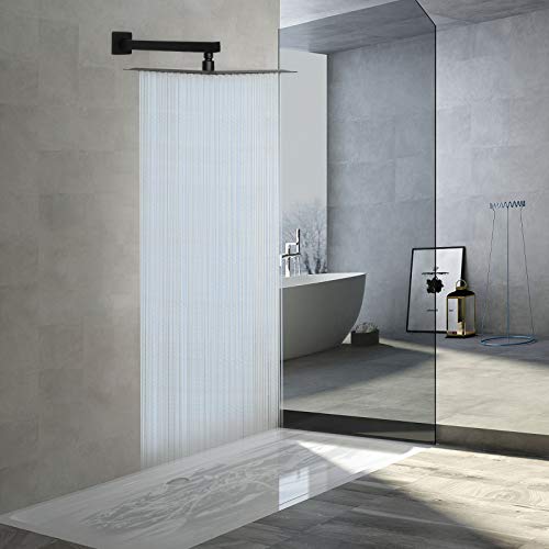 Shower Head with Extension Arm, High Pressure Square with ShowerArm, Stainless Steel Rainfall -Waterfall Full Body Coverage (12'' Shower with 16'' Arm, Matte Black) - color: Matte Black, size: 12'' Shower with 16'' Arm