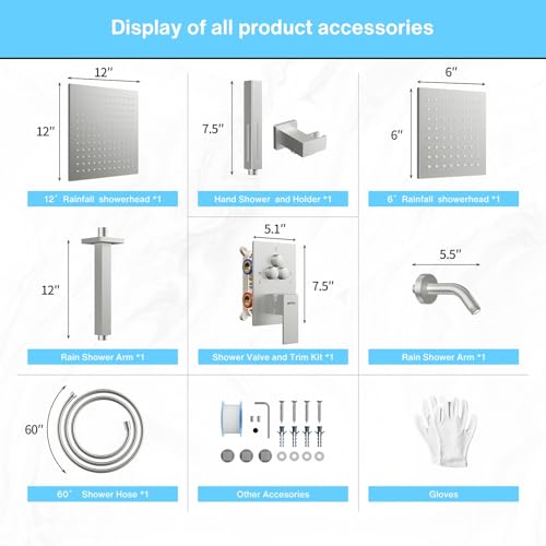 VANFOXLE Rain Shower System Brushed Nickel Shower Faucet Set, High Pressure | Push Button Diverter, 12 Inch Ceiling Mount Rain Head Increased Thick, 6 Inch Side Head, 2-in-1 Handheld Sprayer - color: Brushed Nickel, style: 12"+6" Head