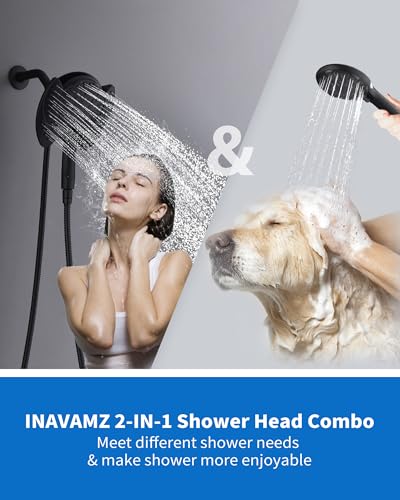 2 in 1 Shower Head with Handheld Combo High Pressure Black 2.5 GPM | 7.2" Rain Showerhead and 9 Spray Hand Held Shower, Adjustable Shower Angle, 59-inch Rotatable Stainless Steel Hose - color: Black, size: 2.5 GPM