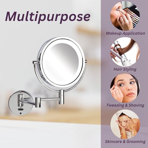 JERDON Lighted Wall-Mount Makeup Mirror - 8X - Chrome - JRT9500CL | Two-Sided Sensor Activation, 8.5" Round Frame, Swivel, 14" Wall Arm - color: Chrome