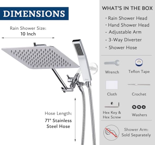 G-Promise All Metal 10" Dual Square Shower Head Combo | Rain Shower Head | Handheld Shower Wand | Adjustable | Smooth 3-Way Diverter | 71" Extra Long Hose - A Bathroom Upgrade (Chrome) | Built to Last, Easy Install, Adjustable Height & Angle for All Heigh