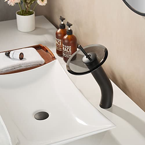 Waterfall Bathroom Faucet Glass Single Handle Solid Brass Basin Lavatory Vessel Sink Vanity Faucet, Tall, Black - color: Black
