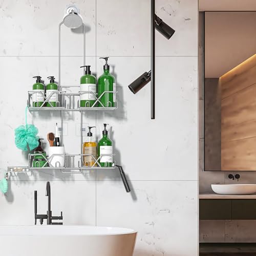 Sewulidon Stainless Steel Shower Caddy Hanging for Handheld Shower Heads,Rustproof Hose Shower Organizer Adjustable Length Shower Rack with 24 Hooks,Razor Holder,Soap Holder - color: New-Silver