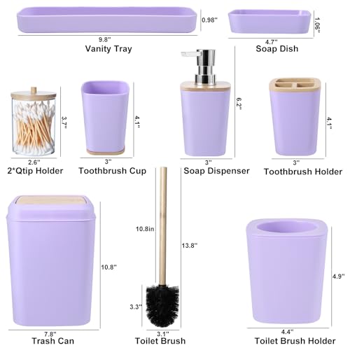 Purple Bathroom Accessories Set, 9 Piece Purple Bathroom Accessory Set with Trash Can,Toothbrush Holder,Toothbrush Cup,Lotion Soap Dispenser,Vanity Tray,Soap Dish,Toilet Brush,Qtip Holder - size: Bath Set, style: Light Purple