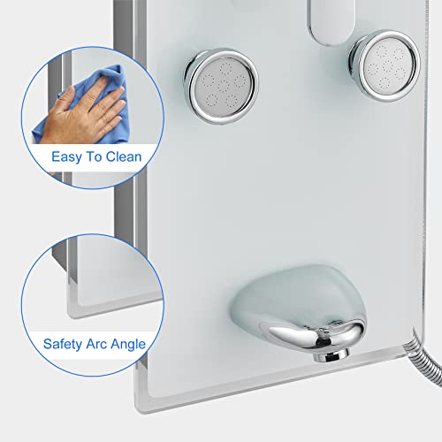 POPFLY Tempered Glass Shower Panel Tower System, 9" Adjustable Shower Arm Height, 304 Stainless Steel White Shower Panels Tower with 6 Massage Jet and Tub Spout - color: Tempered Glass-white With 6 Jets