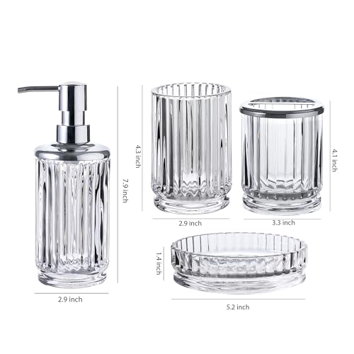 4-Piece Glass Bathroom Accessories Set, Clear Crystal Ribbed Design, Soap Dispenser, Toothbrush Holder, Tumbler, Soap Dish