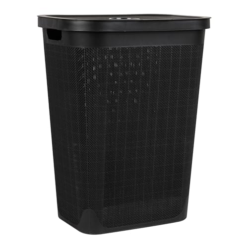 Mind Reader 60L Slim Laundry Hamper, Clothes Basket, Lid, Linen Design, Plastic, Black - color: Black