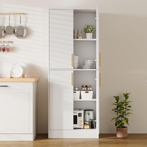 Housoul 71" Tall Pantry Cabinet with 4 Doors, Kitchen Pantry Storage Cabinet, Freestanding Larder Cupboard, Kitchen Hutch with Gold Handles for Dining Room, Bathroom, White - color: White