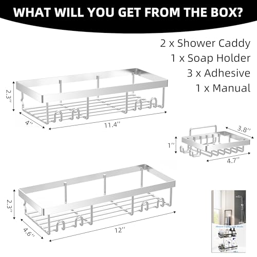 Moforoco 3-Pack Shower Caddy Basket Shelf with Soap Holder, No Drilling Traceless Adhesive Shower Wall Shelves, Rustproof Black Bathroom Shower Storage Organizer - color: Silver