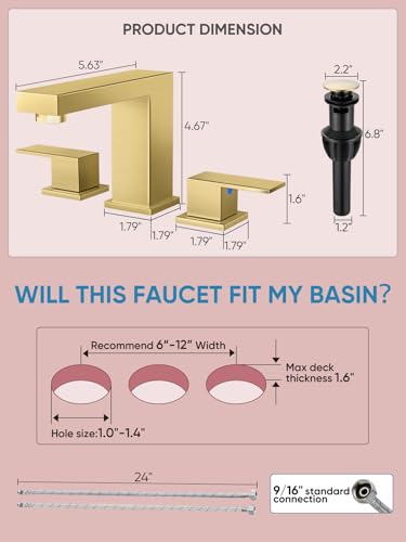 Cobbe Bathroom Faucet 3 Hole, Brushed Gold Bathroom Sink Faucet Widespread | Square 8 Inch with Pop-Up Drain, 2 Handle and 2 Supply Hoses, Lead-Free Stainless Steel, For Vanity, RV, Farmhouse - color: Gold-2, size: 8 Inch Widespread