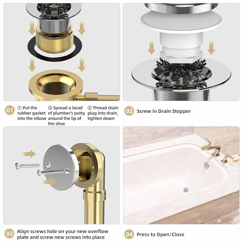 Tip-Toe Bathtub Drain Kit with Hair Catcher, Chrome Plated | 2-Hole Overflow Faceplate, Solid Brass, 5-Layer Plated, Fits 1.5"/1.75" Drains, For Bathroom Remodel, Matches Fixtures - color: Chrome Plated