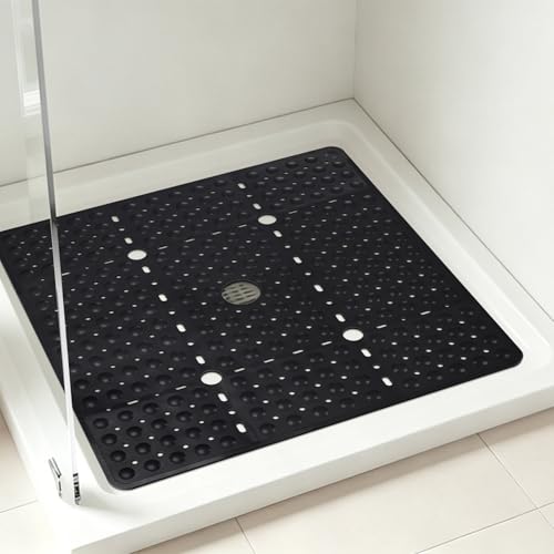 ZOESOE Square Shower Mat Non Slip: 27 x 27 Inches Large Shower Mats for Inside Shower, Soft TPE Shower Floor Mat with Suction Cups and Drain Holes, Machine Washable - color: Black
