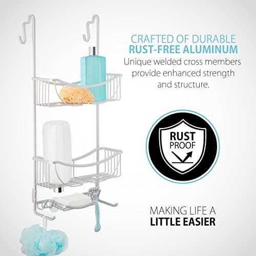 Better Living Products 13634 VENUS 3-Tier Over the Shower Door Caddy, Grey | Rustproof Aluminum Shower Door Organizer, 2 Large Baskets, Built-in Storage Hooks & Soap Dish, Suction Cups, No Drill