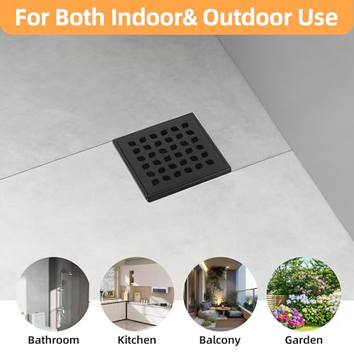 4-Inch Square Shower Drain Kit with Bonding Flange, Matte Black | Removable 304 stainless steel grate with hair strainer; fits 2- and 3-inch pipes for tiled shower floors and wet areas - size: 4in-Black