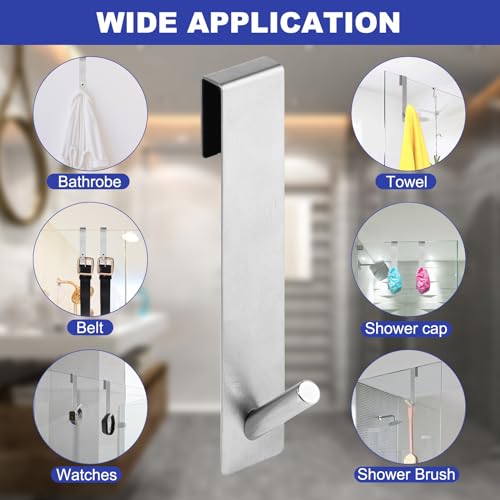 2 Pack Shower Door Hooks, Stainless Steel Over Glass Hooks for Towels | Fits 01"-04" Frameless Shower Doors With Anti-scratch Padding for Towels, Robes, Loofahs And Everyday Bathroom Use
