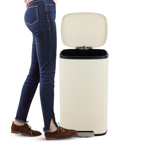 happimess Curtis 8 Gal Step Trash Can Soft Close 25", Limestone Beige | Iron Construction, Satin Finish, Removable Liner, Steel Pedal, 20 Trash Bags Included, Kitchen Office Bin - color: Limestone Beige