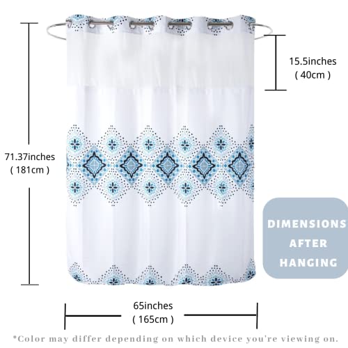 71" W x74 H Hotel Grade Fabric Hook Free Shower Curtain with Replacement Magnets Liner White&Blue Boho Style –100% Waterproof Machine Washable Top See Through Mesh Window Standard Size - color: White&blue, size: 71"W x 74"L (Pack of 1)
