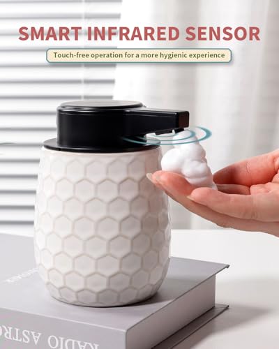 Automatic Soap Dispenser, Touchless Foaming Dish Soap Dispenser 13OZ/384ml, Ceramic White Foam Soap Dispenser Bathroom Kitchen, Waterproof, USB C Rechargeable, ANTIS'S HOME