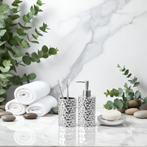Silver Bathroom Accessories Set 3 PCS, Dispenser, Soap Dish and Vase | Diamond Ceramic Bathroom Accessory Complete Set - Lotion Dispenser, Soap Dish,Vase for Countertop Vanity - color: Silver
