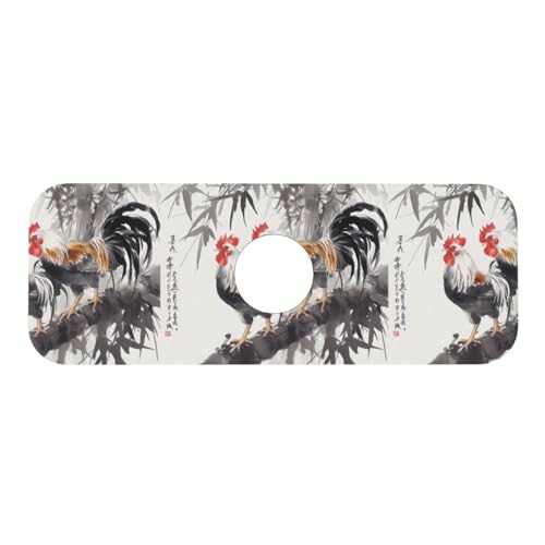 Ink Wash Two Chickens 15x5.5 Inch Diatomite Faucet Mat - Absorbent Sink Splash Guard For Kitchen & Bathroom, Fast-Dry Sink Drying Mat With Non-Slip Backing