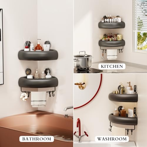 CICUFY Shower Caddy Suction Cup, 2 Pack No Drilling Corner Shower Shelves, Rust Proof Bathroom Storage Organizer, Shower Corner Caddy with Removable Hooks and Towel Bar, Triangle, Grey - style: Triangle Gray (2 Pack )