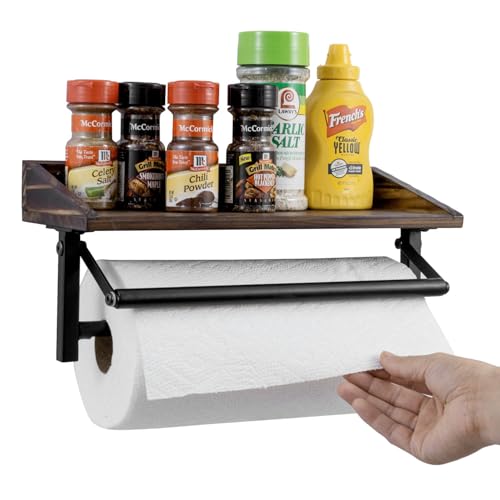 MyGift Black Metal Paper Towel Holder Wall Rack with Rustic Wood Shelf | Top shelf stores seasonings and essentials while the wall-mounted design keeps paper towels rolls accessible - color: Matte Black Metal Paper