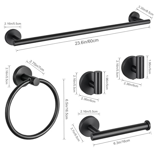 5 Pieces Matte Black Bathroom Accessories Set Towel Bar Set | 24 Inch Towel Racks Wall Mounted,Toilet Paper Holder,Towel Ring,2 Towel Hooks,Stainless Steel Bathroom Hardware Set - color: Matte Black