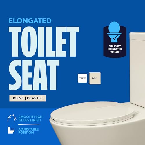 HIGHCRAFT Premium Elongated Toilet Seat with Adjustable Hinges - Molded Plastic Toilet Seat - Fits Standard Elongated Toilets - Oval Seat in Bone/Beige - color: Bone, size: Elongated