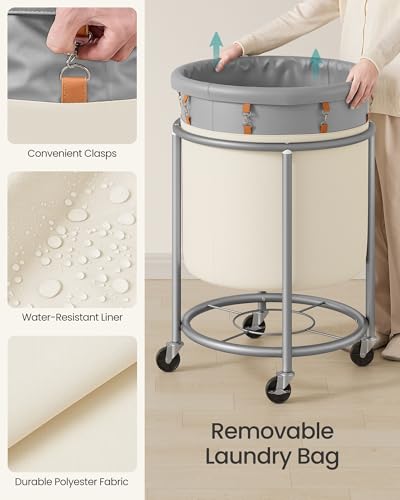SONGMICS Laundry Basket, Rolling Steel Frame with 2 Locking Wheels, 190 L | Heavy-Duty Laundry Hamper Cart with Removable Bag, Dove Gray and Cream White, URLS001GD02 - color: Dove Gray + Cream White, size: 190 L (1-Section)