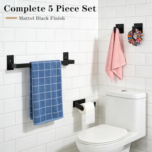 5 Pieces Self Adhesive Bathroom Hardware Set-SUS304 Stainless Steel-Towel Rack Set Include 16″Towel Bar+Toilet Paper Holder+3 Towel/Robe Hooks Bathroom Accessory (Matte Black, 16 in) - size: 16 IN