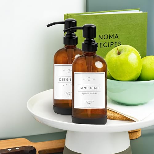Vine Creations Amber Glass Soap Dispenser, 2 Pack Kitchen Soap Dispenser Set with Stainless Steel Pump, 16 oz Dish Soap and Hand Soap Dispensers for Bathroom with Waterproof Labels - color: Amber Bottle / Matte Black Pump