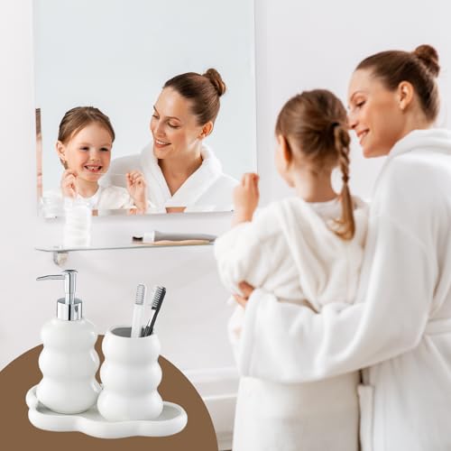 3-Piece White Ceramic Bathroom Accessories Set with Tray, Lotion Dispenser, and Tumbler for a Luxurious Bath Experience - color: White