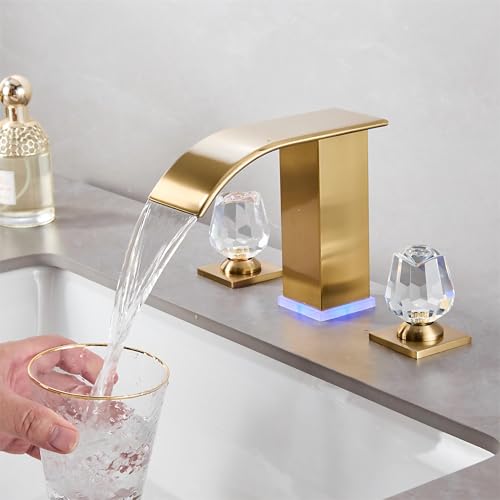 Brushed Gold Bathroom Faucet 3 Hole, 8-inch Widespread Vanity Faucet with LED Waterfall spout Gold for Bathroom Sink, Modern Vanity Faucet(Brushed Gold)